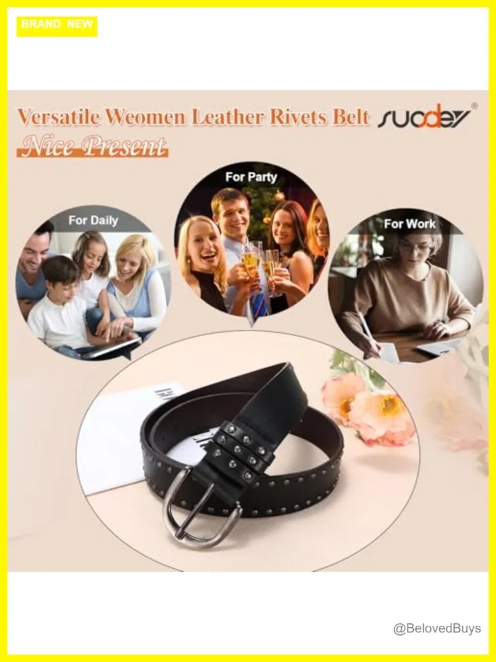 Women's Studded Faux Leather Belt with Silver Buckle, Punk Rock Waist Cincher